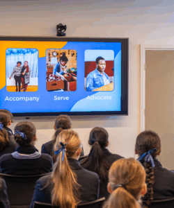Amelia Savage, JRS Australia's Head of Policy, Advocacy and Communications, speaking for a Sisters of the Good Samaritan Refugee Week event at St Scholastica's College in Glebe on 17 June 2025. Credit: Sisters of the Good Samaritan